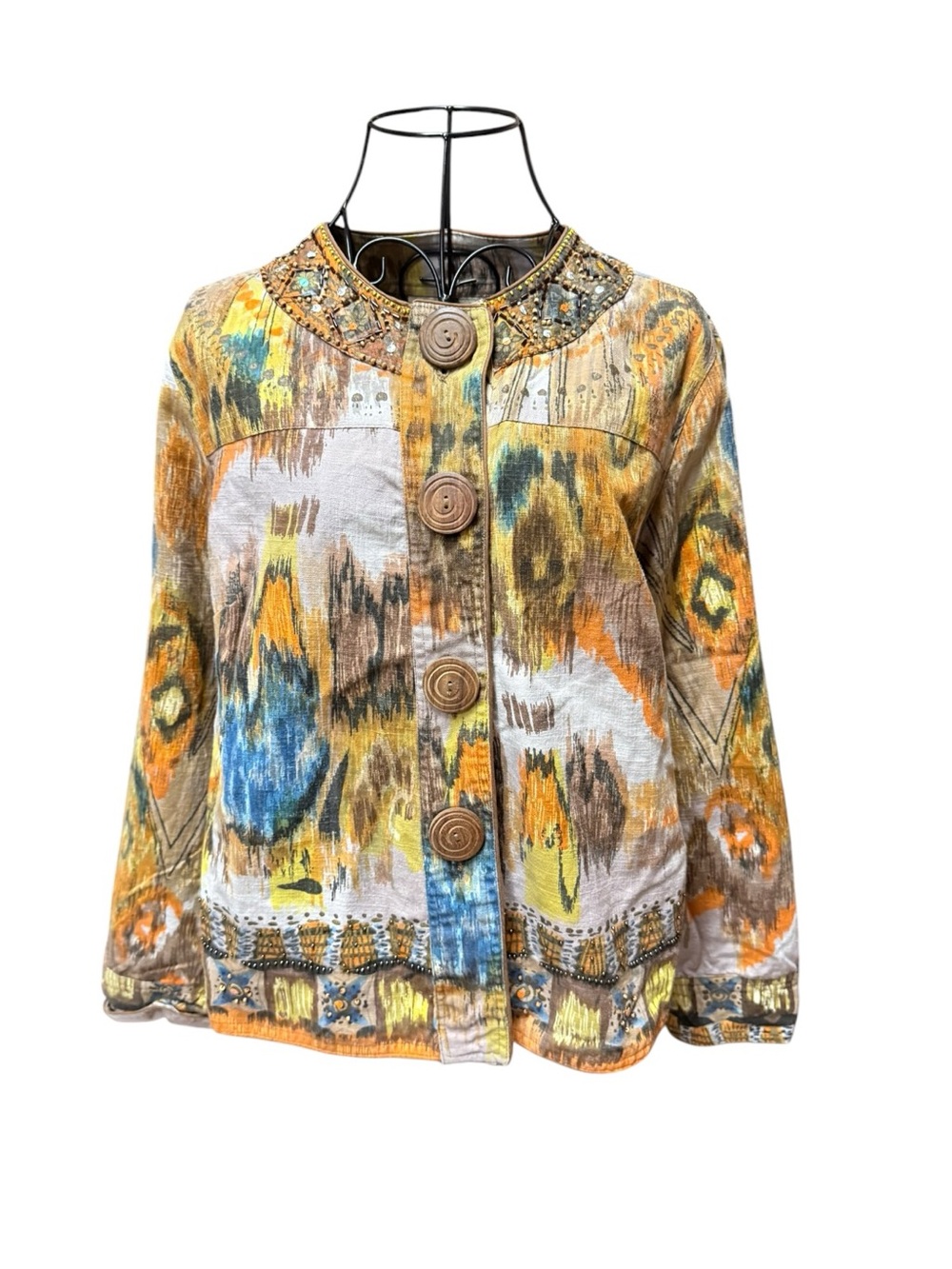 Life-style 100% Cotton Embellished Abstract Ikat Jacket Mustard Yellow Blue